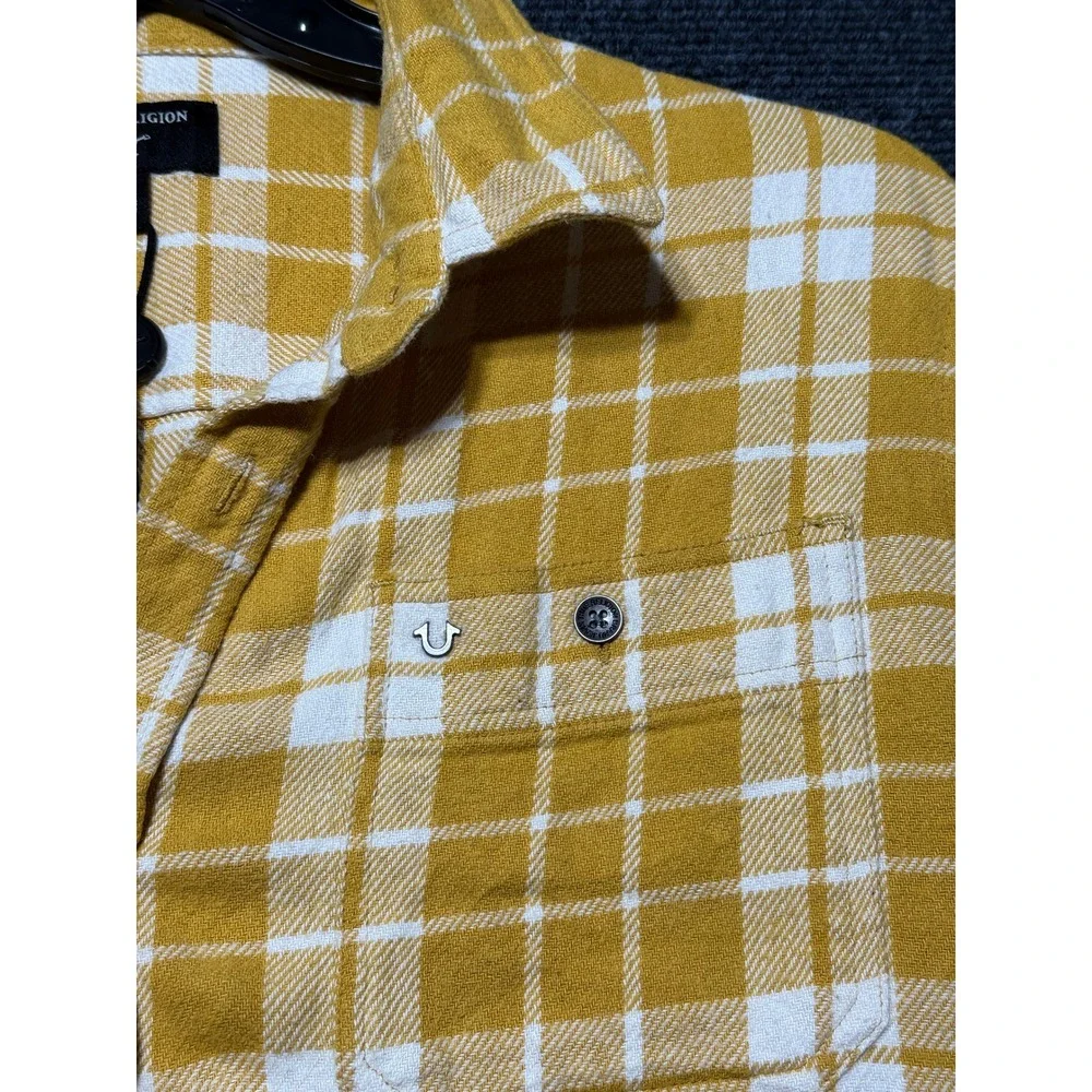 True‎ Religion Flannel Button Down Mens XL Yellow Excellent Plaid Long Sleeve